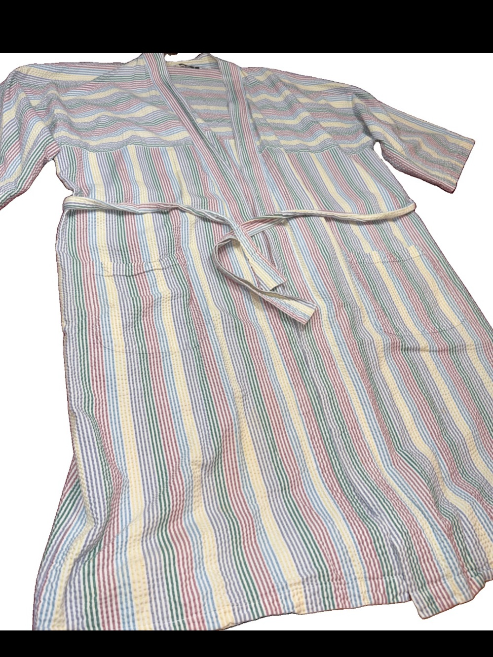 Vintage John Weitz Women’s rainbow COLORFUL long ROBE pockets Belt 3/4 Sleeves